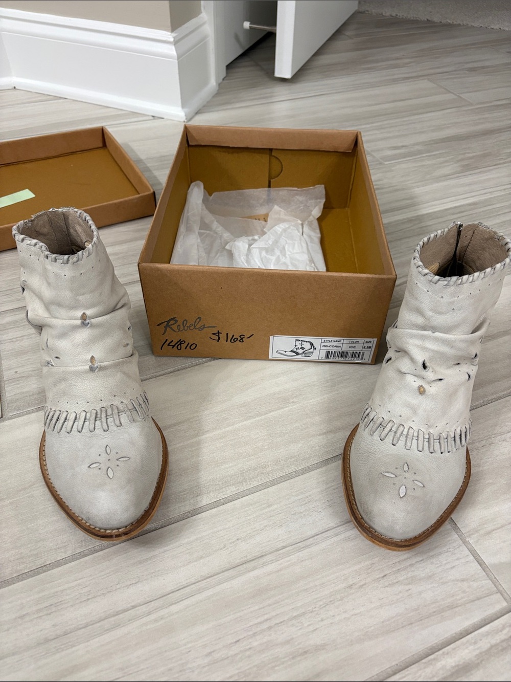 Rebels White Embroidered Slouch Ankle Boots